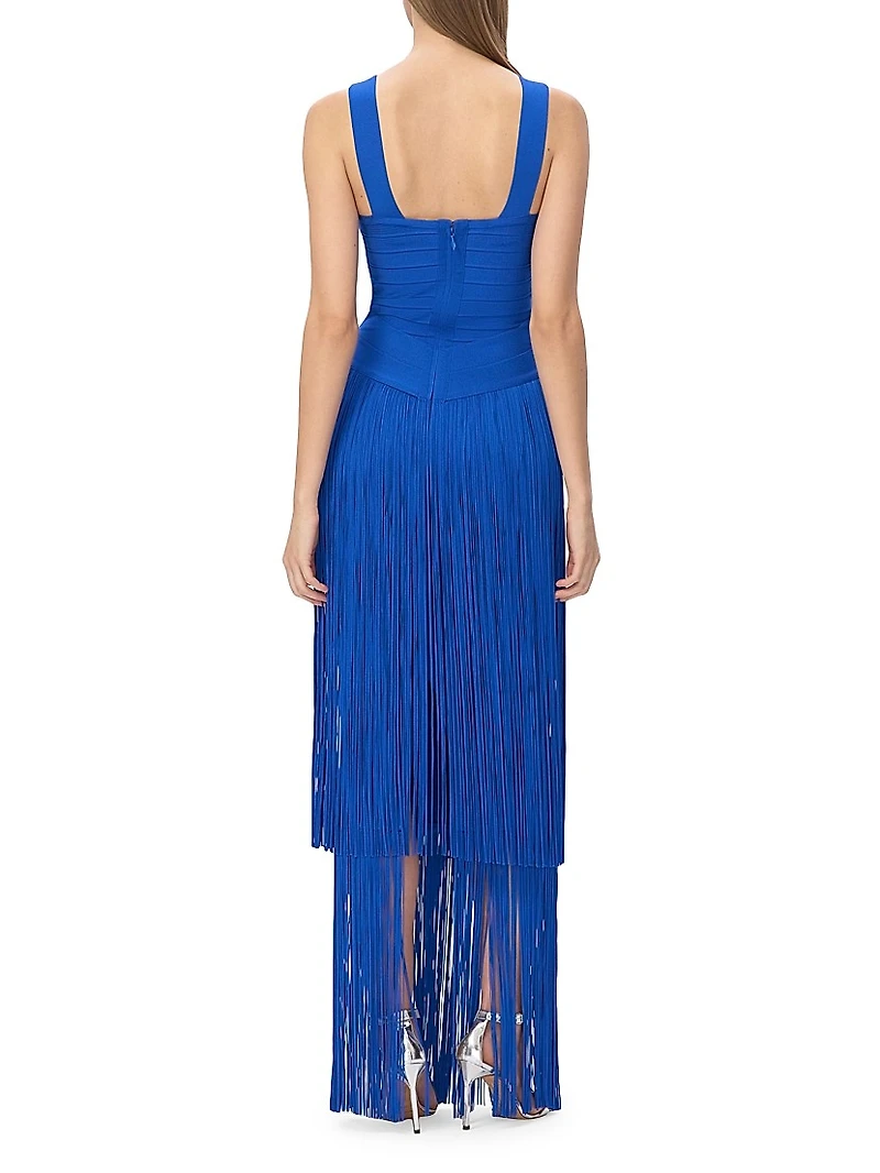 The Brigitte Bandage Fringed Tiered Halterneck Gown