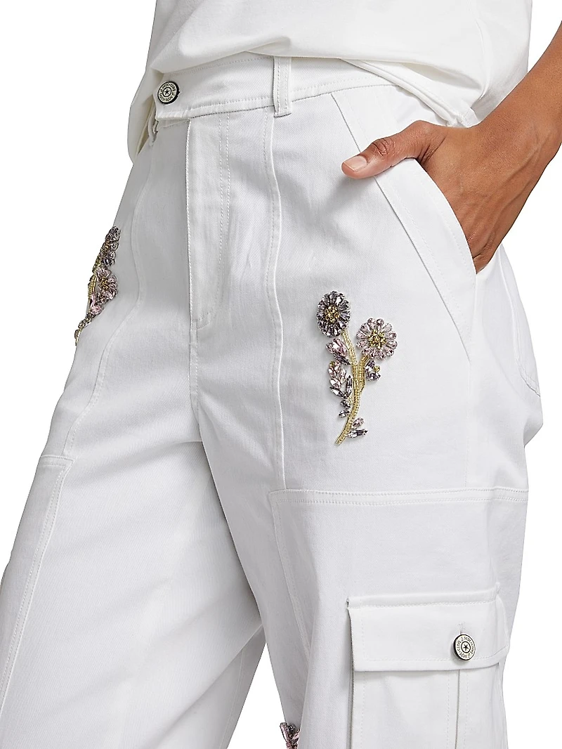 Zola Crystal Floral-Embellished Cargo Pants