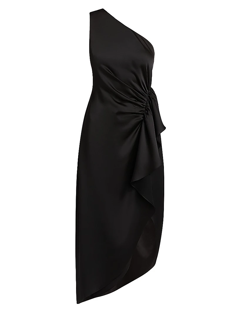 Malika Ruffled Satin One-Shoulder Midi-Dress