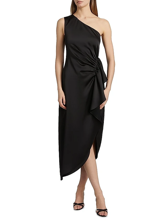 strapless open back dress Brooklynn One-Shoulder Accordion Pleat Midi Dress Navy– Selfie Leslie