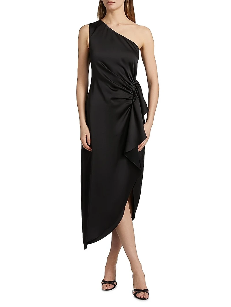 Malika Ruffled Satin One-Shoulder Midi-Dress
