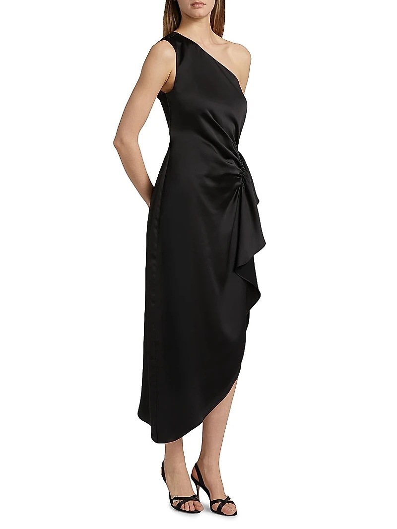 Malika Ruffled Satin One-Shoulder Midi-Dress