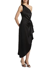 Malika Ruffled Satin One-Shoulder Midi-Dress