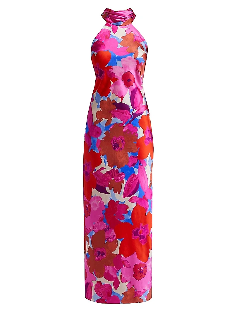 Tatiana Floral Stretch Silk Halter Gown