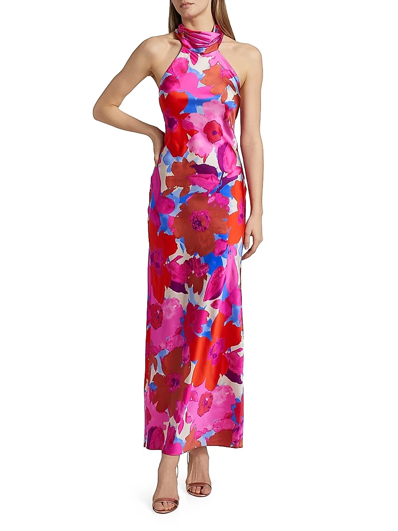 Tatiana Floral Stretch Silk Halter Gown