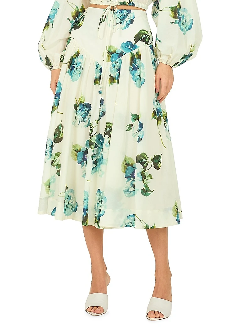 Dell Floral Basque-Waist Midi-Skirt