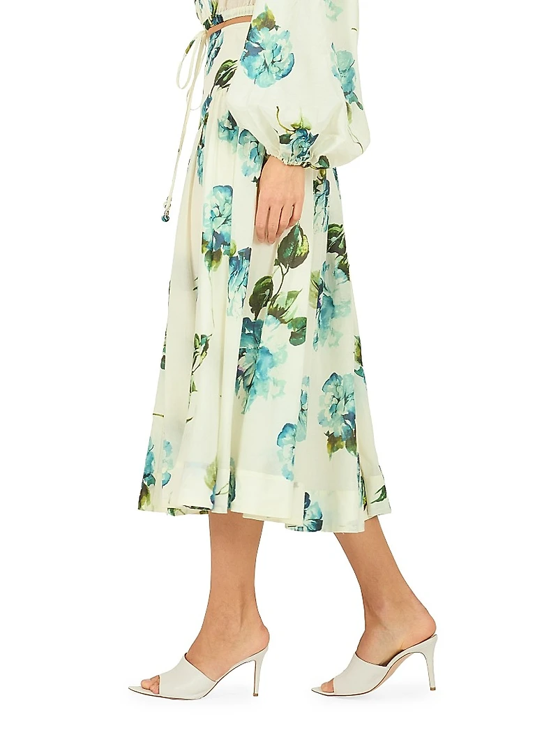Dell Floral Basque-Waist Midi-Skirt