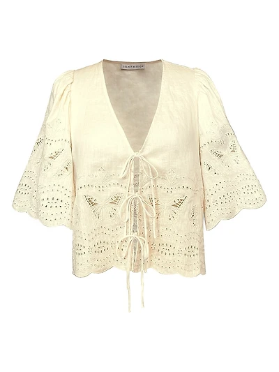 Chelsea Floria Butterfly-Embroidered Linen Top