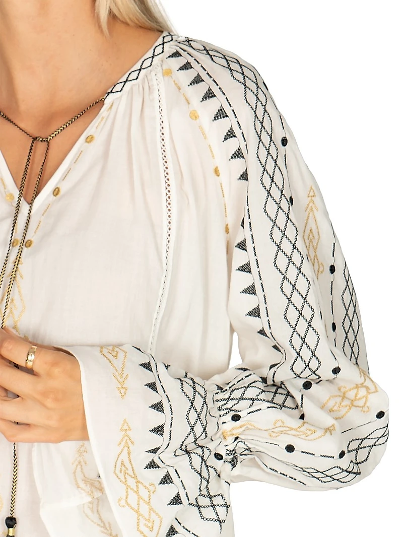 South Hamptom Millie Embroidered Cotton Tieneck Blouse