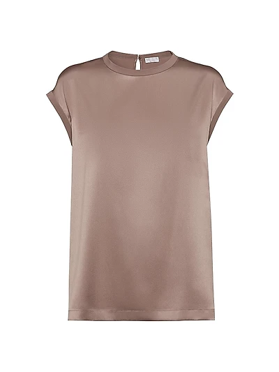Stretch Silk Satin T-Shirt with Monili