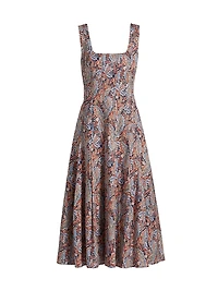 Jolie Pleated Paisley Stretch Cotton Midi-Dress