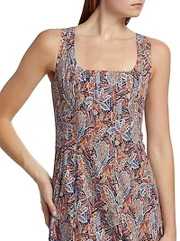 Jolie Pleated Paisley Stretch Cotton Midi-Dress