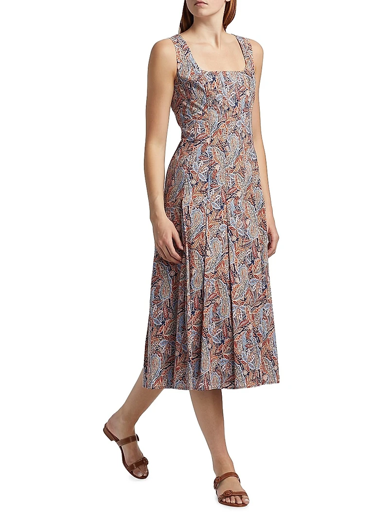 Jolie Pleated Paisley Stretch Cotton Midi-Dress
