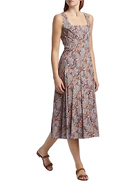 Jolie Pleated Paisley Stretch Cotton Midi-Dress