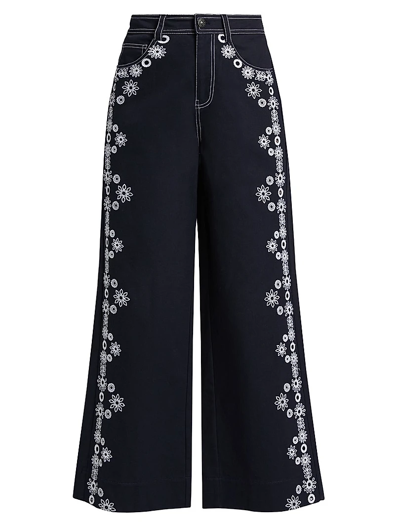 Mazie Embroidered Stretch-Cotton Wide-Leg Crop Pants