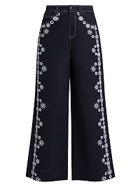 Mazie Embroidered Stretch-Cotton Wide-Leg Crop Pants