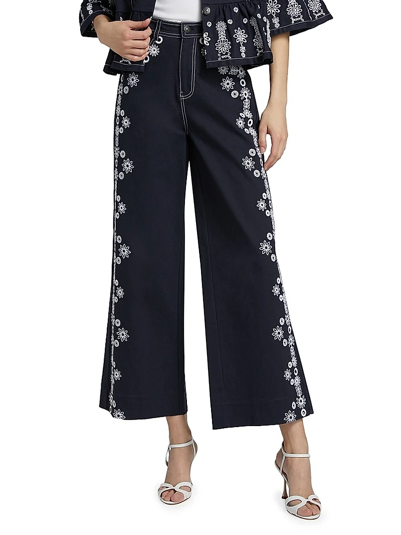 Mazie Embroidered Stretch-Cotton Wide-Leg Crop Pants