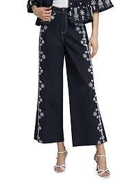 Mazie Embroidered Stretch-Cotton Wide-Leg Crop Pants