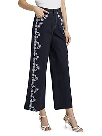 Mazie Embroidered Stretch-Cotton Wide-Leg Crop Pants