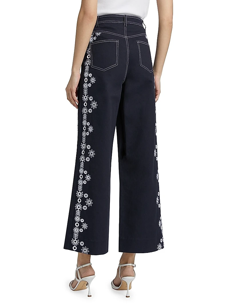 Mazie Embroidered Stretch-Cotton Wide-Leg Crop Pants