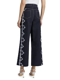 Mazie Embroidered Stretch-Cotton Wide-Leg Crop Pants