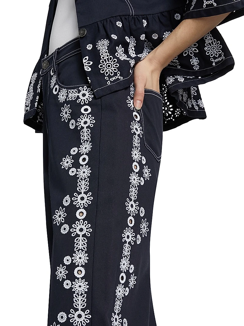 Mazie Embroidered Stretch-Cotton Wide-Leg Crop Pants