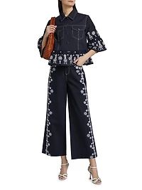 Mazie Embroidered Stretch-Cotton Wide-Leg Crop Pants