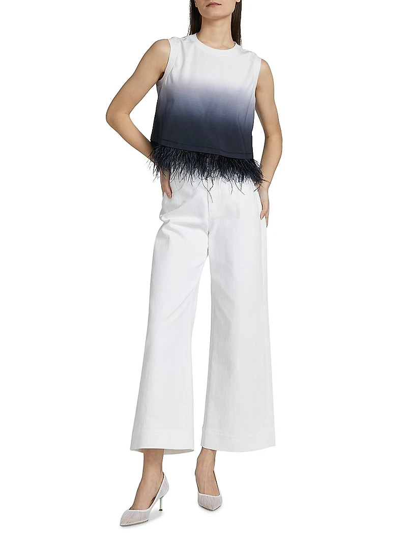 Dégradé Feather-Trim Stretch-Cotton Crop T-Shirt