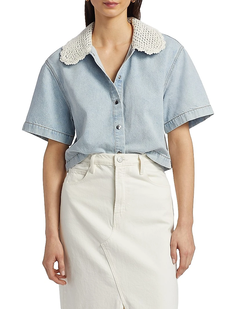 Crocheted Collar Snap-Front Denim Shirt