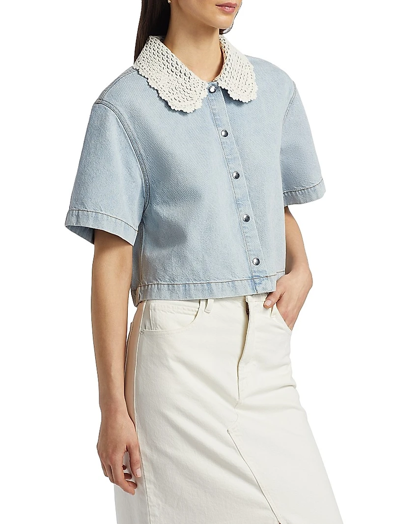 Crocheted Collar Snap-Front Denim Shirt