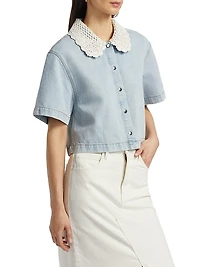 Crocheted Collar Snap-Front Denim Shirt