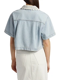 Crocheted Collar Snap-Front Denim Shirt