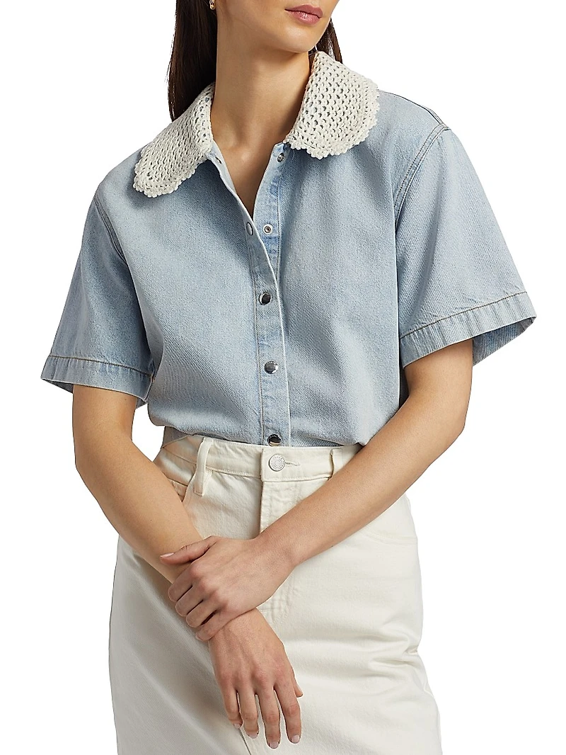 Crocheted Collar Snap-Front Denim Shirt