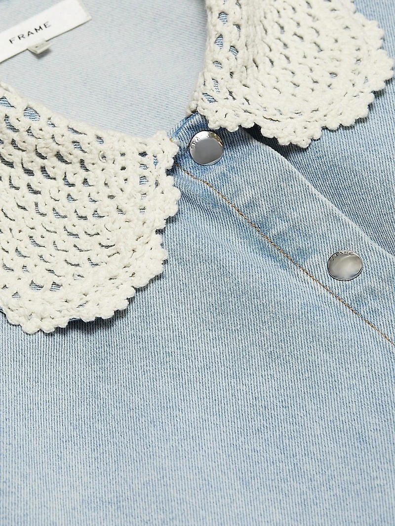 Crocheted Collar Snap-Front Denim Shirt