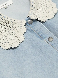 Crocheted Collar Snap-Front Denim Shirt