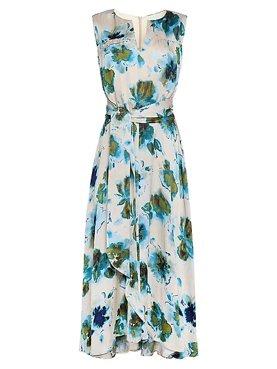 Printed Split Neck Hi-Lo Midi-Dress