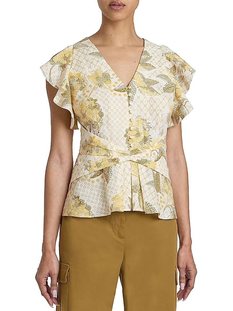 Floral Cotton Short-Sleeve Blouse