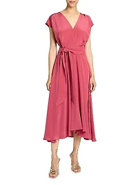 Silk Crêpe de Chine Faux Wrap Midi-Dress