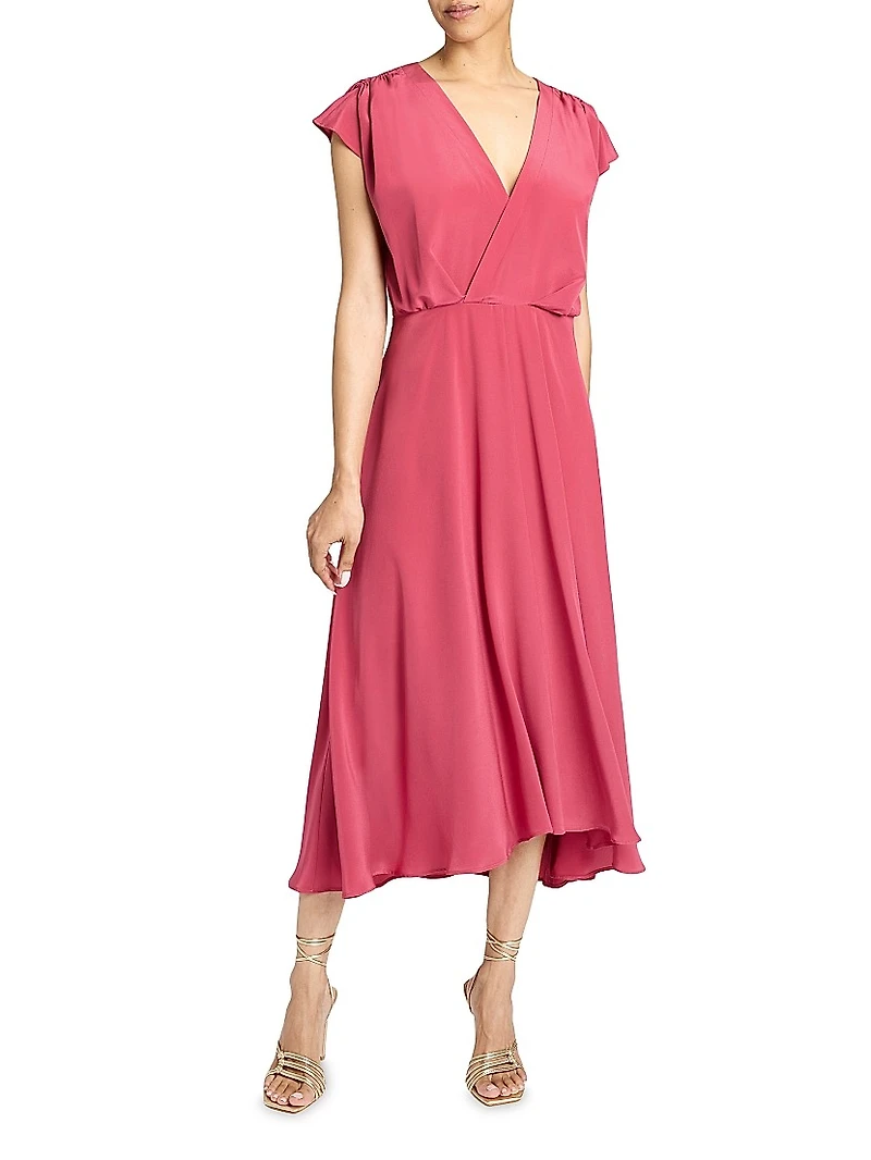 Silk Crêpe de Chine Faux Wrap Midi-Dress