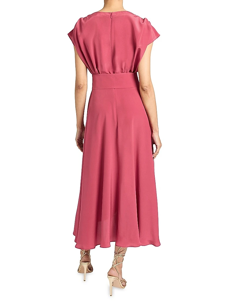 Silk Crêpe de Chine Faux Wrap Midi-Dress