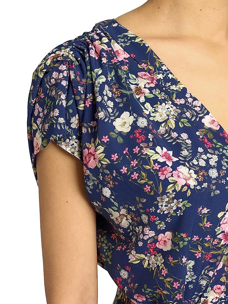 Floral Faux-Wrap Midi-Dress