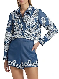 Embroidered Chambray Crop Long-Sleeve Shirt