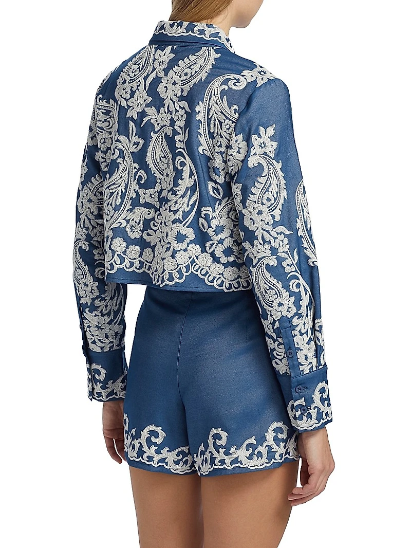 Embroidered Chambray Crop Long-Sleeve Shirt