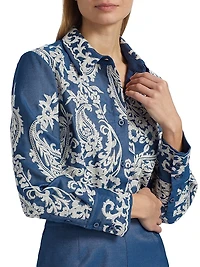 Embroidered Chambray Crop Long-Sleeve Shirt