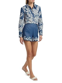 Embroidered Chambray Crop Long-Sleeve Shirt
