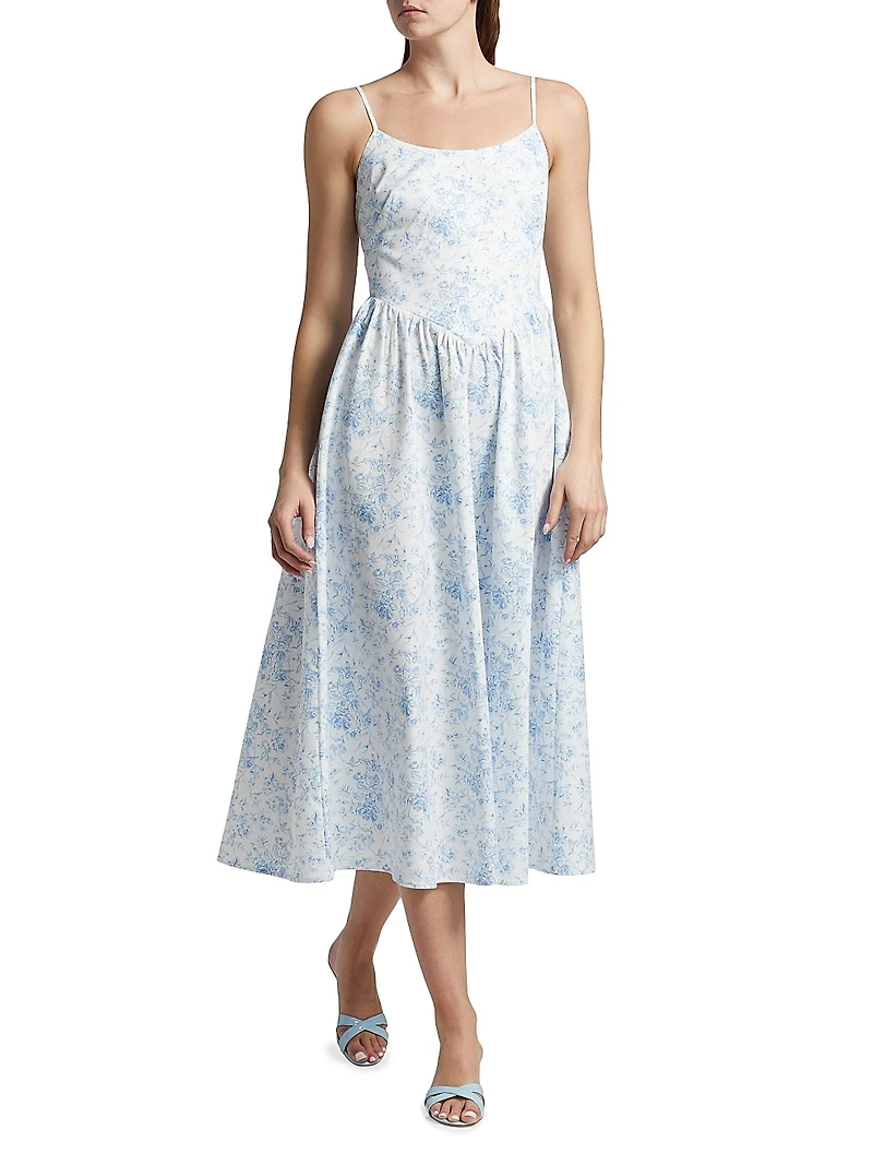 Toile Basque-Waist Midi-Dress