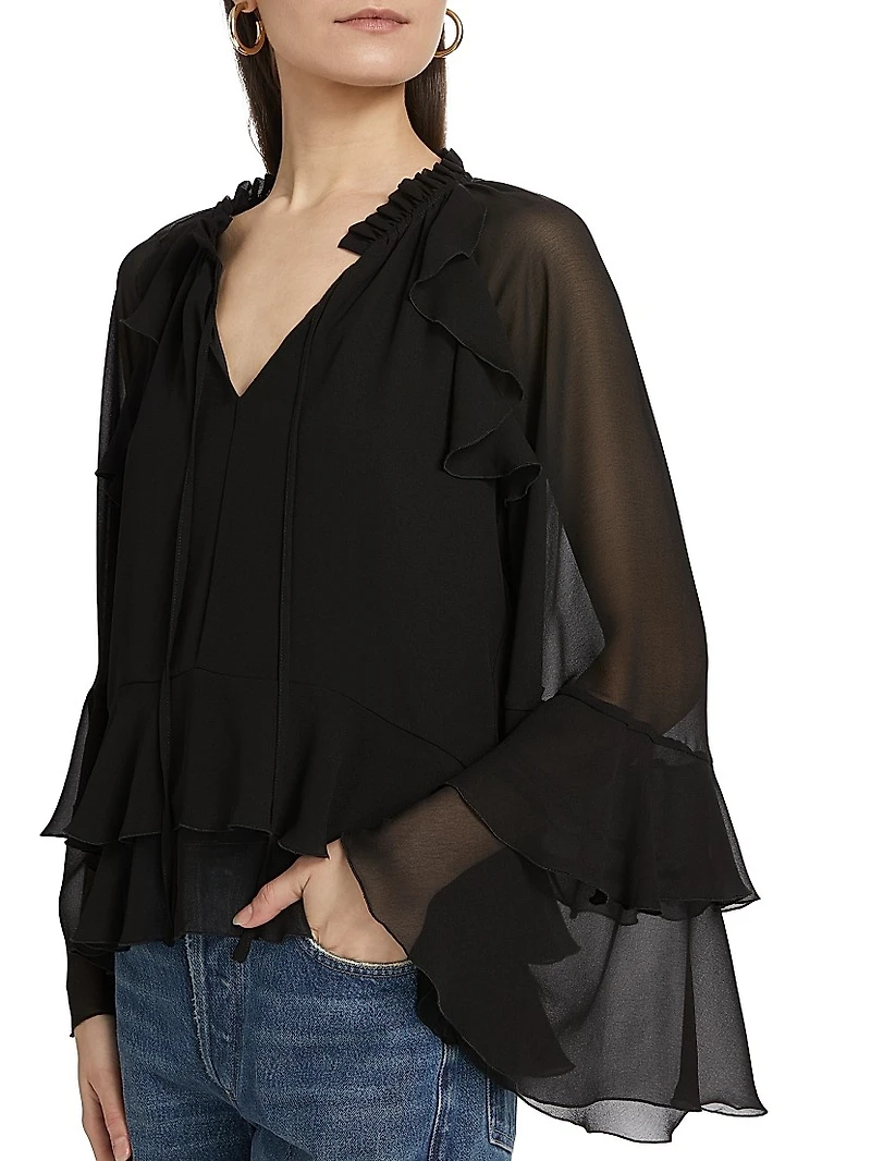 Ruffled Chiffon Long-Sleeve Blouse