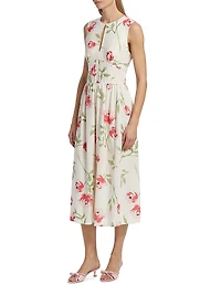Floral Pintuck Waist Midi-Dress