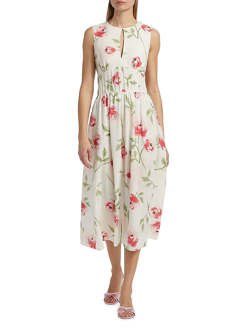 Floral Pintuck Waist Midi-Dress