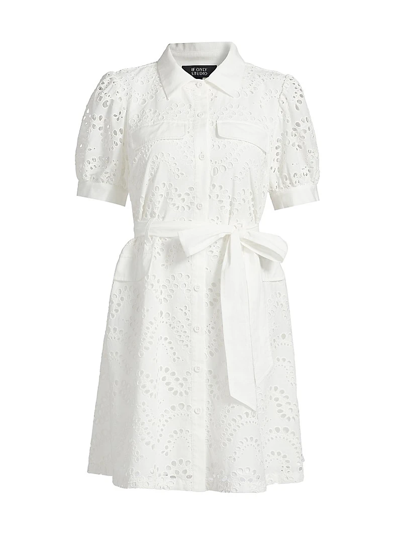 Eyelet Cotton Tie-Waist Mini-Shirtdress